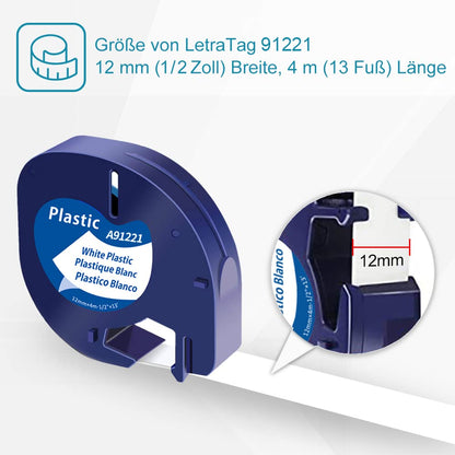 Nastro per Etichette Markurlife Compatibile In sostituzione di Nastro Dymo LetraTag Plastica 12mm x 4m 91201 S0721610 DYMO Plastic White Cartucce per LetraTag LT-100H LT-100T 2000 XR XM QX50, 10 Pz