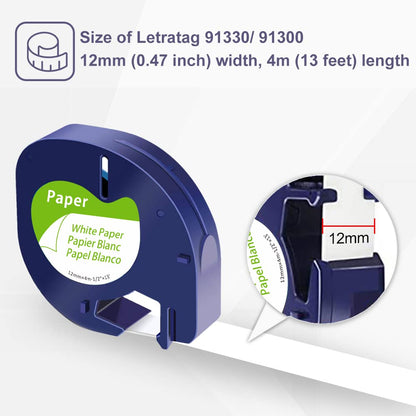Markurlife Ruban pour Étiqueteuse Compatible pour Dymo Ruban LetraTag Papier 12mm x 4 m Dymo S0721510 / 91200 Noir sur Blanc pour Dymo LetraTag LT-100H LT-100T LT-110T QX50 XR XM 2000 Plus
