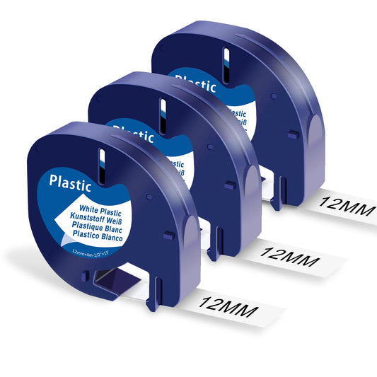 Nastro per Etichette Markurlife Compatibile In sostituzione di Dymo LetraTag Plastica 12mm x 4m Etichette S0721610 Nastro per Dymo LetraTag LT-100H LT-100T XR QX50 (Nero su Bianco,3Pz)