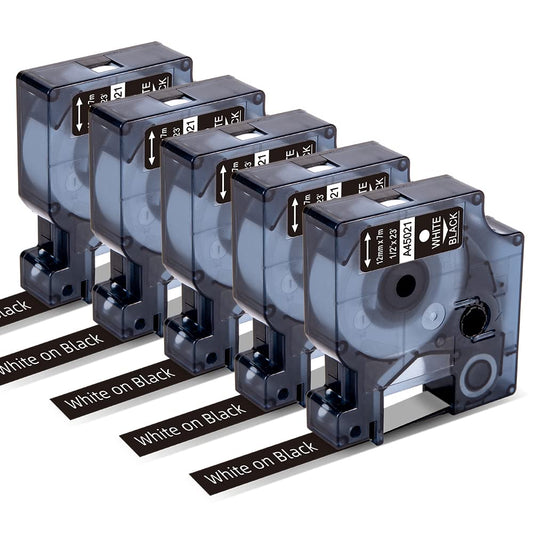 Markurlife Compatible avec Ruban DYMO D1 12mm x 7m 45021 S0720610 Blanc sur Noir Etiquettes Cassette pour Recharge DYMO LabelManager 160 LM 280 360D PnP LabelPoint 150 250 Étiqueteuse,Pack de 5