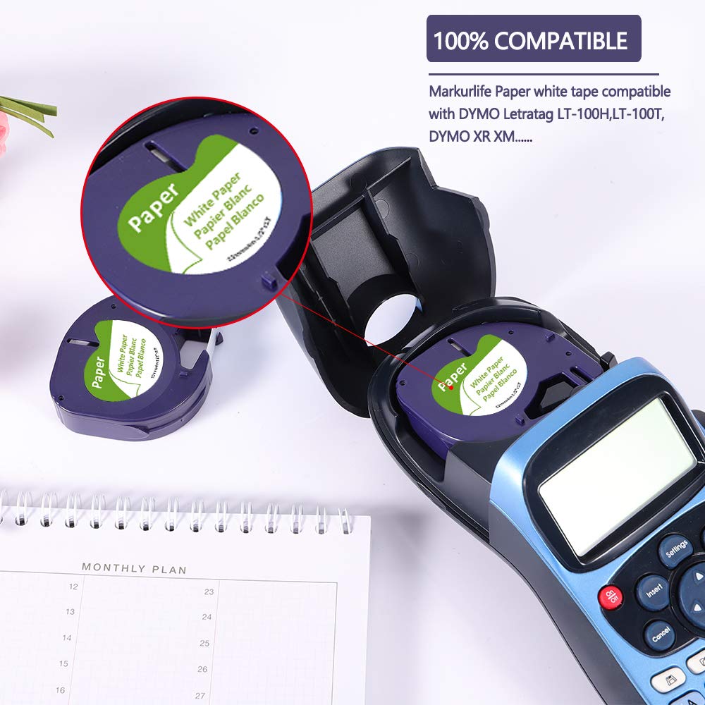 Markurlife Ruban pour Étiqueteuse Compatible pour Dymo Ruban LetraTag Papier 12mm x 4 m Dymo S0721510 / 91200 Noir sur Blanc pour Dymo LetraTag LT-100H LT-100T LT-110T QX50 XR XM 2000 Plus