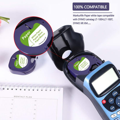 Markurlife Ruban pour Étiqueteuse Compatible pour Dymo Ruban LetraTag Papier 12mm x 4 m Dymo S0721510 / 91200 Noir sur Blanc pour Dymo LetraTag LT-100H LT-100T LT-110T QX50 XR XM 2000 Plus