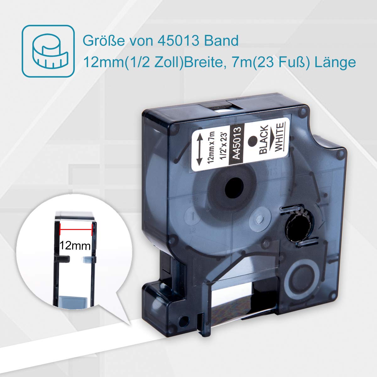 Nastro Markurlife Compatibile In sostituzione di DYMO D1 45013 S0720530 12mm x 7m Nero su Bianco A45013 Cartuccia Nastri Etichette per Dymo LabelManager 160 280 220P 360 420P LabelPoint 150 250