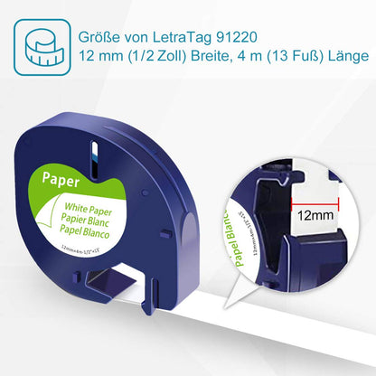 Markurlife Etiquette Compatible pour DYMO LetraTag Ruban Papier 12mm x 4m 91200 Noir sur Blanc Recharge pour Etiqueteuse DYMO LetraTag LT-100H XR LT-100T PLUS LT-110T (10x LT Ruban Paper White)