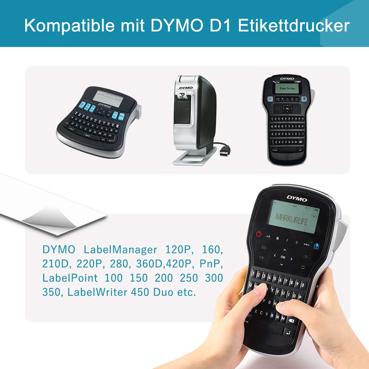 Etichette Markurlife Compatibile In sostituzione di Nastro Dymo D1 45013 S0720530 Nero su Bianco,Cartucce D1 12mm x 7m Etichette per Dymo LabelManager 160 280 120P 420P 500TS, LabelPoint 150 250