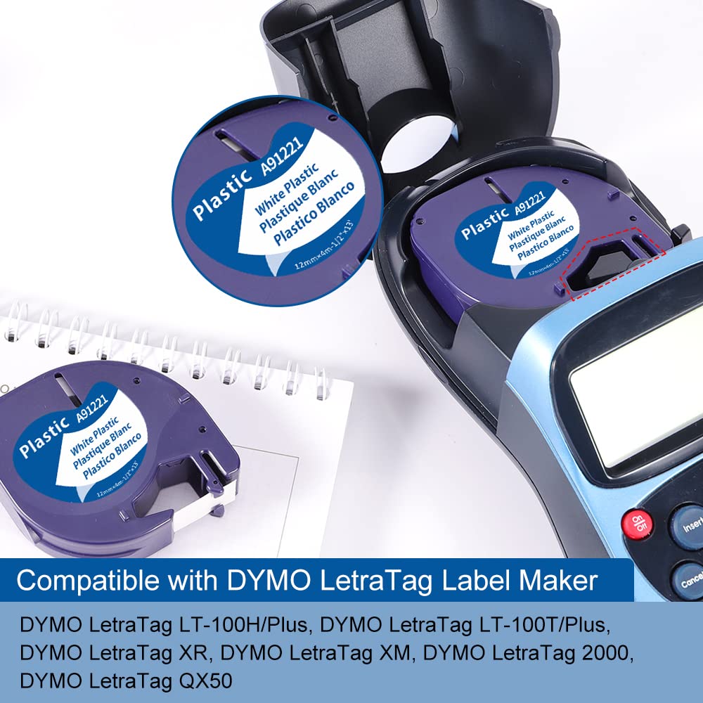 Nastro per Etichette Markurlife Compatibile In sostituzione di Nastro Dymo LetraTag Plastica 12mm x 4m 91201 S0721610 DYMO Plastic White Cartucce per LetraTag LT-100H LT-100T 2000 XR XM QX50, 10 Pz
