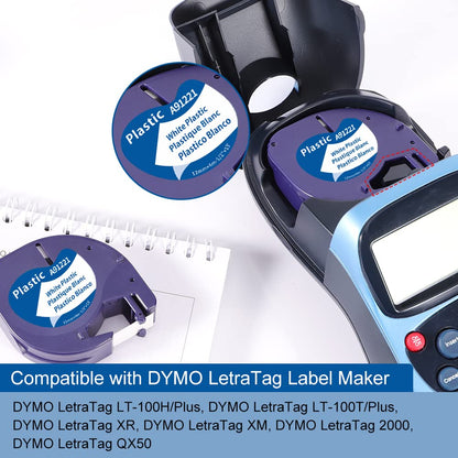 Nastro per Etichette Markurlife Compatibile In sostituzione di Nastro Dymo LetraTag Plastica 12mm x 4m 91201 S0721610 DYMO Plastic White Cartucce per LetraTag LT-100H LT-100T 2000 XR XM QX50, 10 Pz