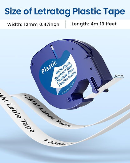 Nastro per Etichette Markurlife Compatibile In sostituzione di Dymo LetraTag Nastro 12mm x 4m Plastica Etichette S0721610 Cartucce Ricarica per Dymo LetraTag LT-100H LT-100T LT-110T 2000 XR XM QX50