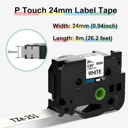 Nastro per Etichette Markurlife Compatibile In sostituzione di Brother 24mm TZe-251 TZe-151 TZe-451 TZe-551 TZe-651 TZe-751 Laminato Nastri per Brother P-touch D600/VP PT-P750W PT-P710BT,6 Pz