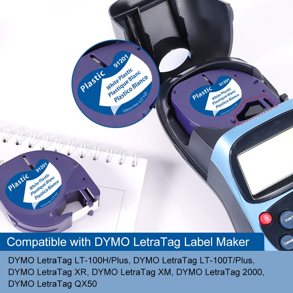 Etichette 12mm x 4m Markurlife Compatibile con Dymo LetraTag Etichette in Plastica Nero su Bianco 91221 Ricarica per Dymo Etichette per Dymo Letratag LT-100H LT-100T XR 200B Etichettatrice