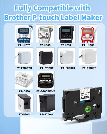 Markurlife Compatibile con Brother P Touch Band Clear TZe-131 Trasparente TZe131 TZ 131 AZe-131 Nastri 12 mm Nero su nastro trasparente per Brother Ptouch PT H110 H100lb H107B P300BT, 3 X