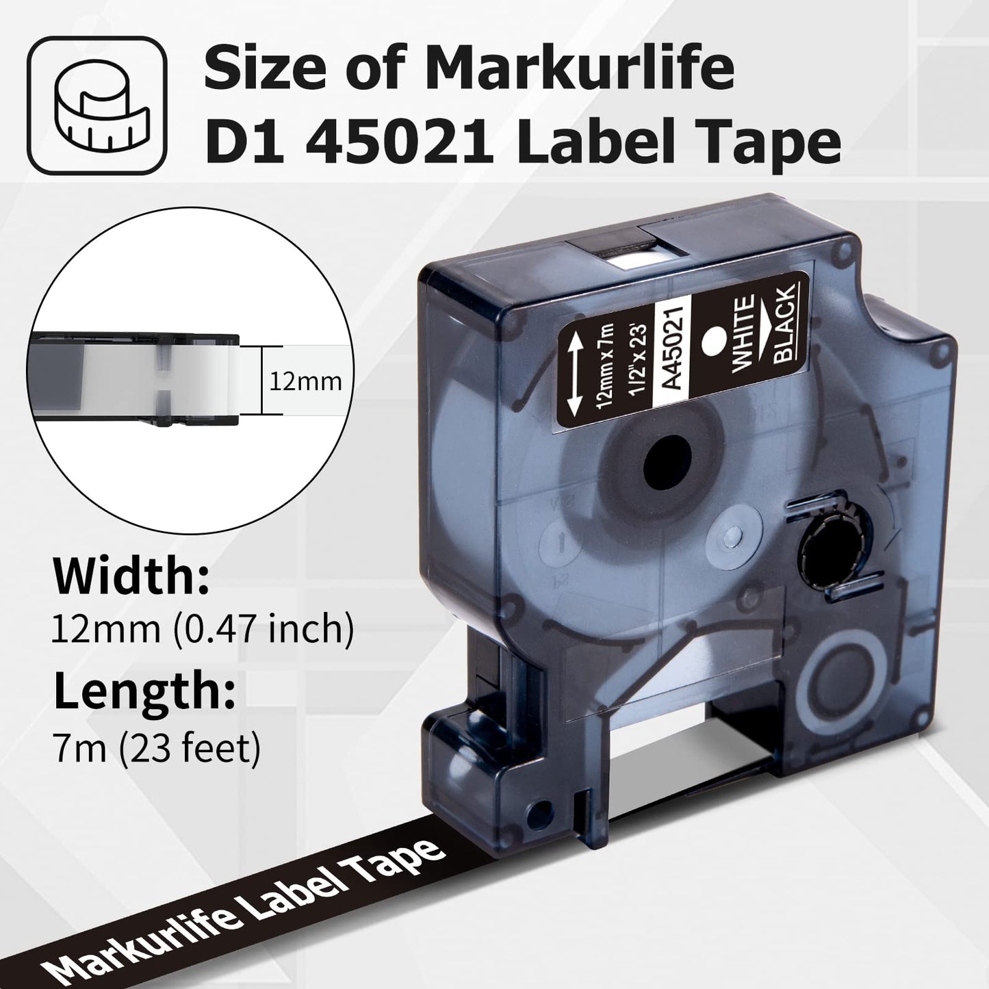 Nastro per Etichette Markurlife Compatibile con DYMO D1 12mm x 7m Bianco su Nero Cartuccia Nastri per Dymo LabelManager 160 280 220P 360 420P, LabelPoint 150 250 5Pz Compatibile DYMO 45021 S0720610