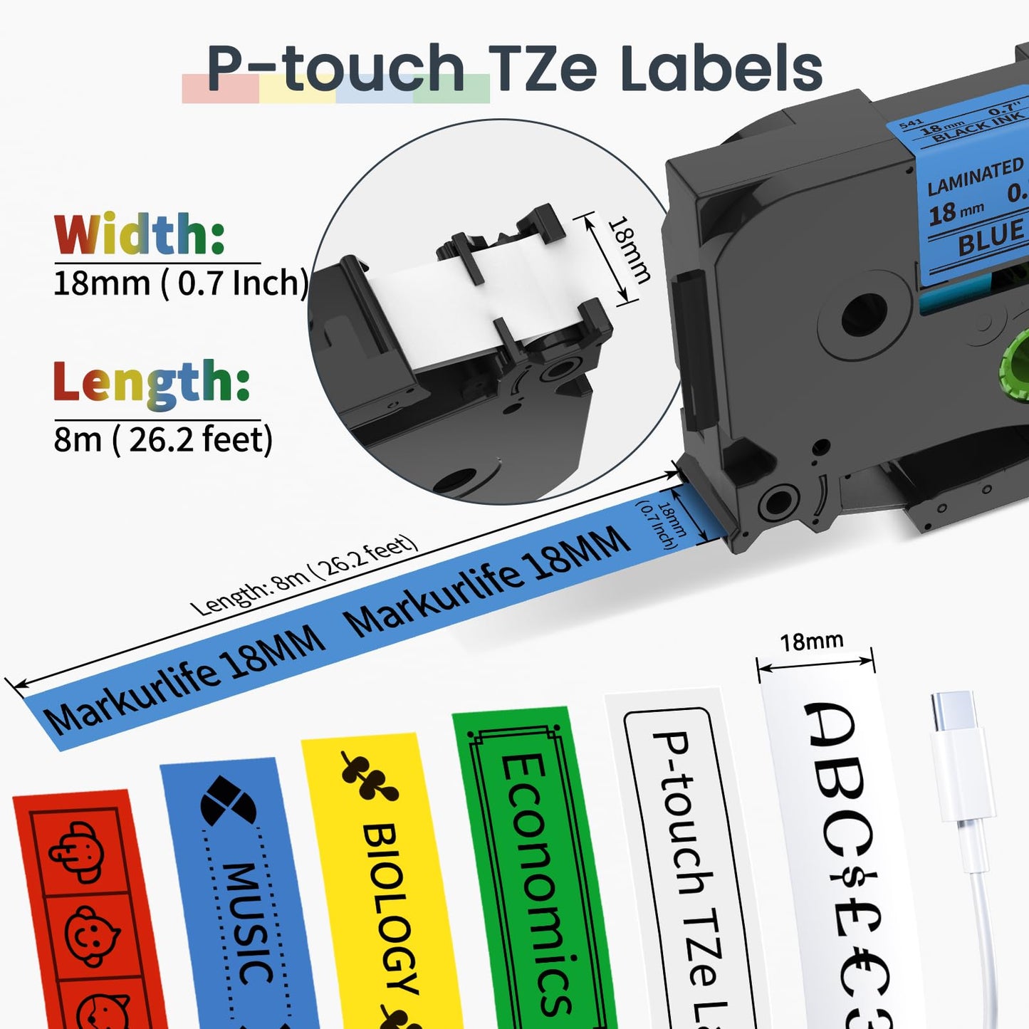 Nastro per Etichette Markurlife Compatibile In sostituzione di Brother TZe TZ Tape 18mm TZe241 TZe141 TZe441 TZe541 TZe641 TZe741 Laminato per Brother P-Touch PT-D400 PT-D450 PT-D600 PT-P700 PT-1830