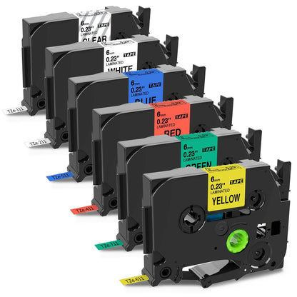 6x Markurlife Ruban Cassette compatible pour Brother Ptouch 1000 Ruban TZe TZ Tape 6mm TZe-211 TZe-111 TZe-411 TZe-511 TZe-611 TZe-711 Laminé Recharge pour Brother Ptouch 1000 1010 H100 1005 1090 1250