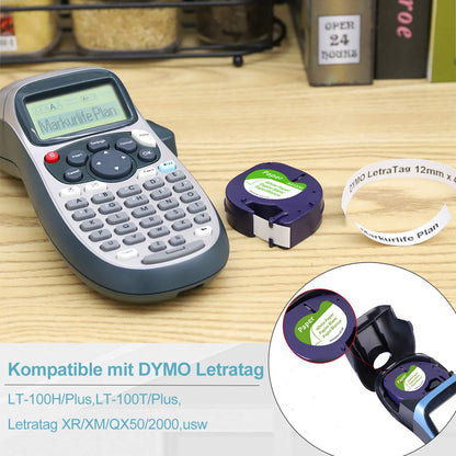 Markurlife Étiqueteuse Compatible Ruban pour DYMO LetraTag Papier 12mm x 4m DYMO 91220 Noir sur Blanc Recharge DYMO LetraTag LT-100H LT-100T PLUS LT-100T DYMO XR XM QX50 2000,Pack de 4