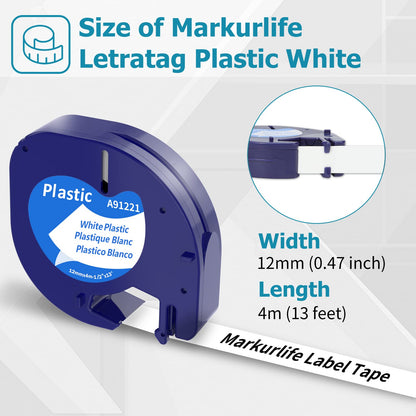 Markurlife Etichette Compatibile In sostituzione di Nastro DYMO Letratag 12mm x 4m Plastic White 91201 S0721610 Cartucce per Dymo Etichettatrice LetraTag LT-100H LT-100T XR QX50, Nero su Bianco, 12Pz
