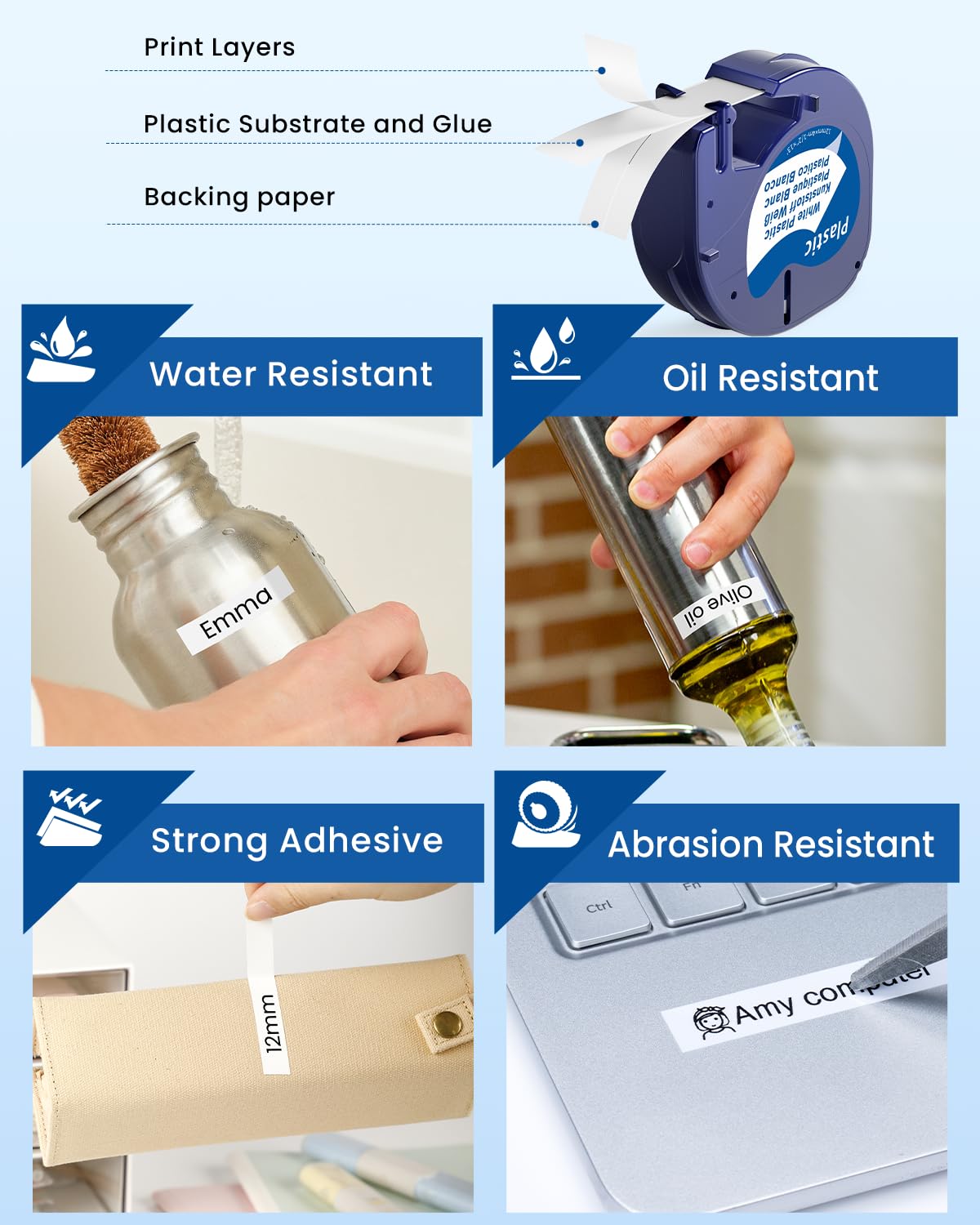 Nastro per Etichette Markurlife Compatibile In sostituzione di Dymo LetraTag Nastro 12mm x 4m Plastica Etichette S0721610 Cartucce Ricarica per Dymo LetraTag LT-100H LT-100T LT-110T 2000 XR XM QX50