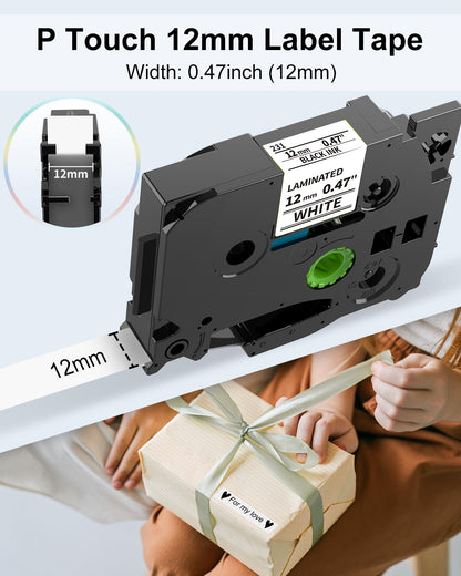 Markurlife P Touch Nastro compatibile con Brother PTouch Band 12 mm TZ Tape 12 mm 0.47 White TZe-231 TZe231 Nastro per PT-H110 H107b H105 H100lb H1010 D400 1010 1000 1280, nero su bianco